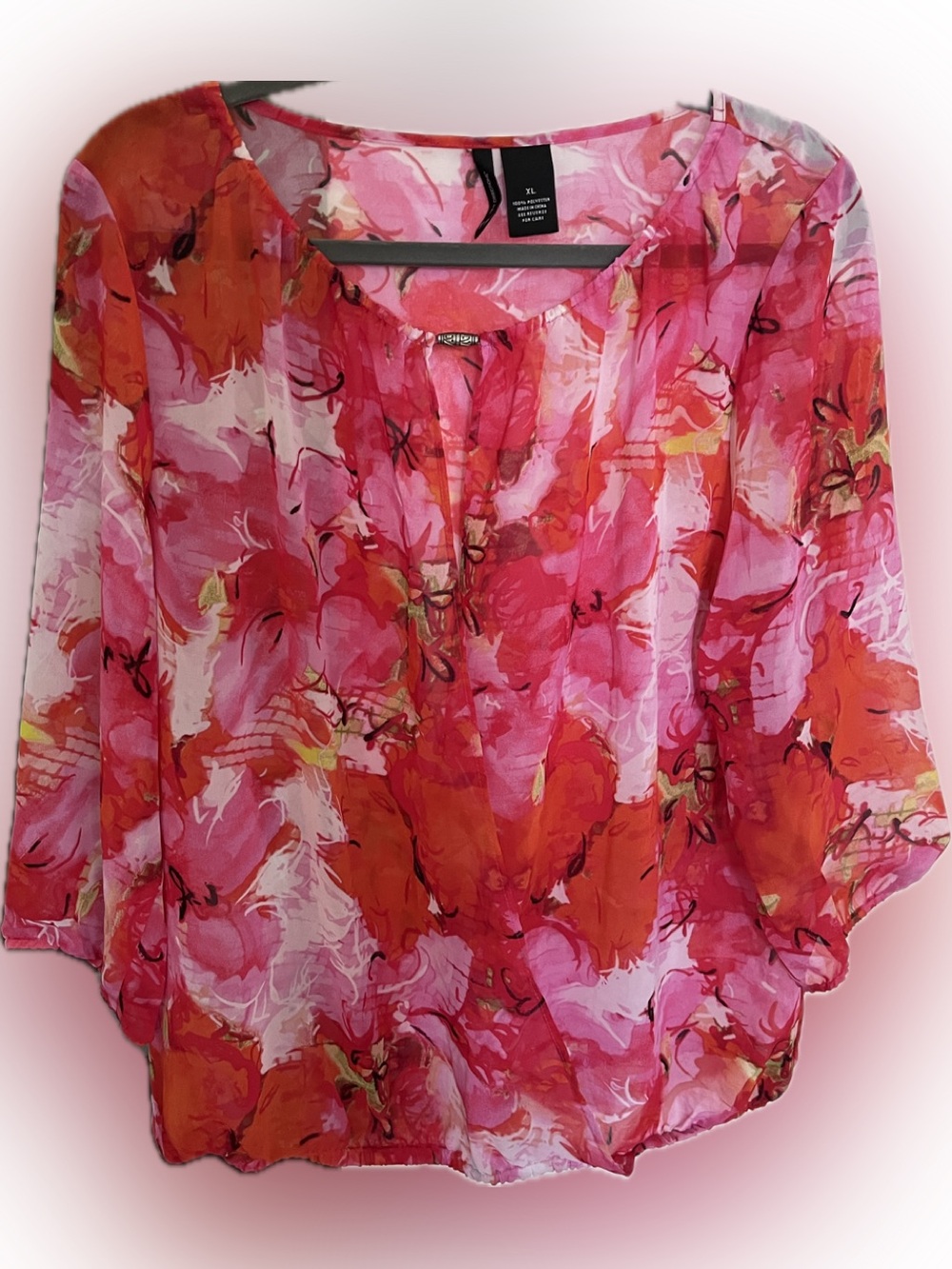 New Directions Sheer Blouse Pink Abstract Floral XL